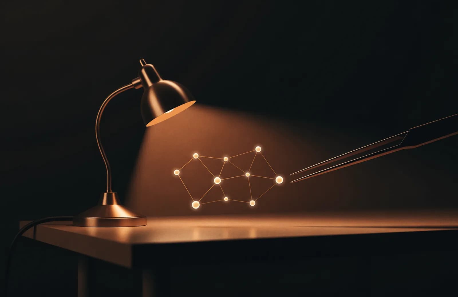 A desk lamp illuminating a small glowing constellation being assembled with tweezers