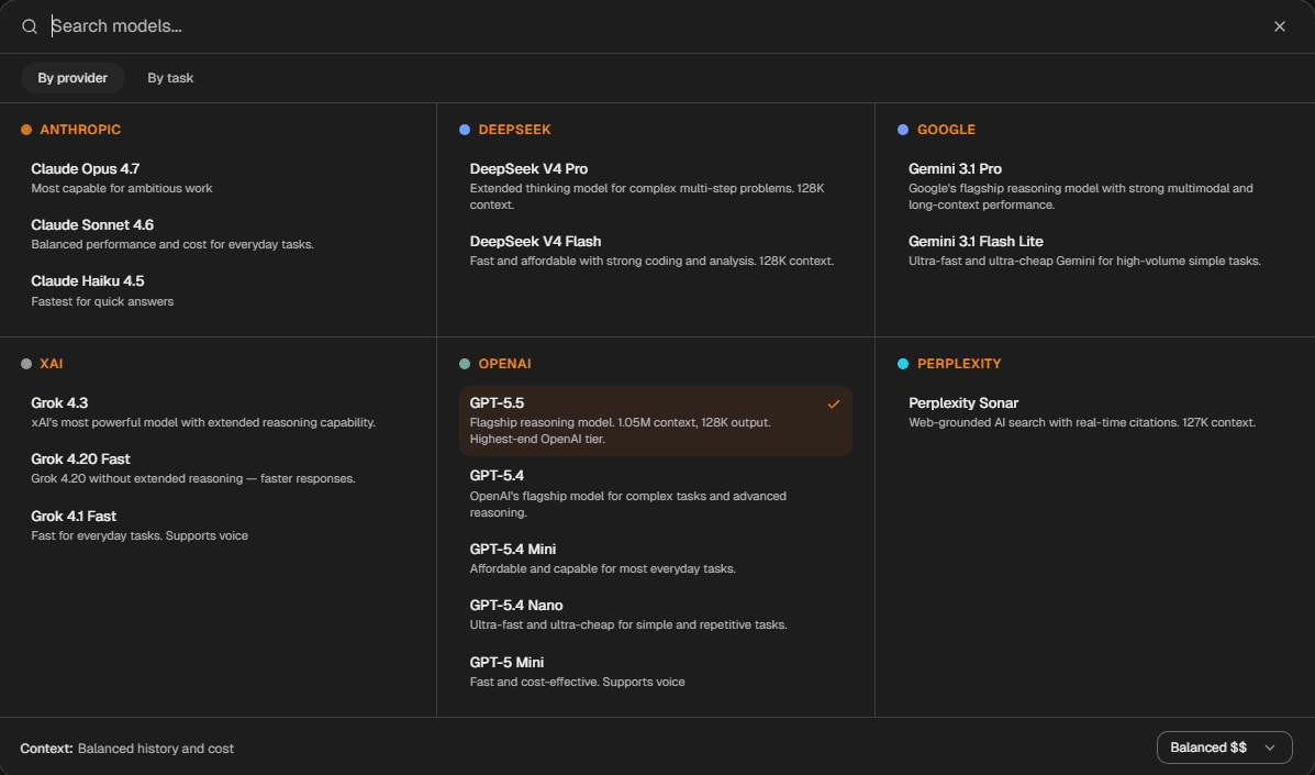 Provider and model picker — by provider