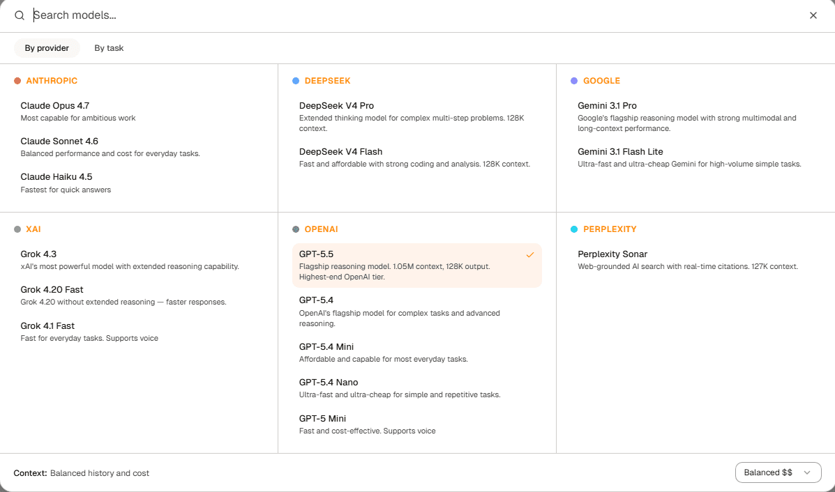 Provider and model picker — by provider