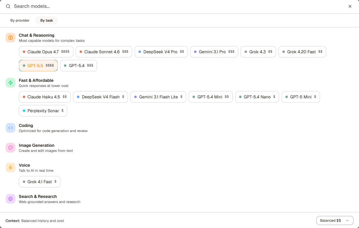 Provider and model picker — by task