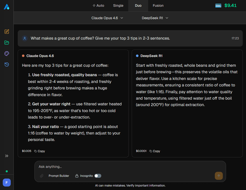 AiFuse Duo mode — two AI models side by side
