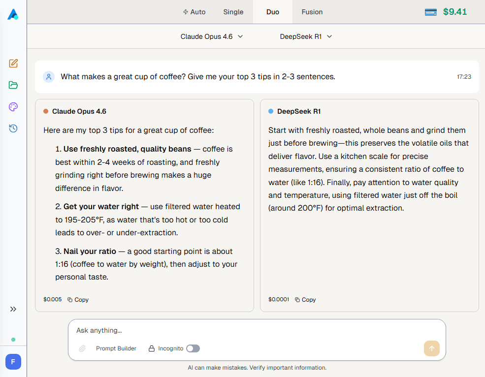 AiFuse Duo mode — two AI models side by side
