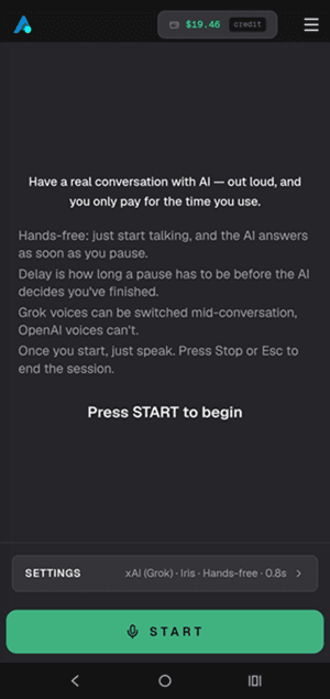 AiFuse Talk to AI on a phone — session settings and the Start button