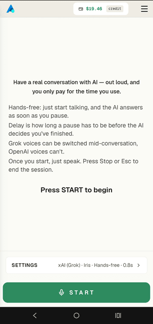 AiFuse Talk to AI on a phone — session settings and the Start button