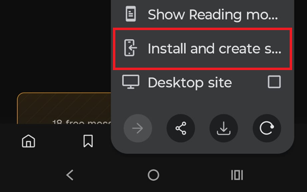 The browser menu on Android with the install entry ringed