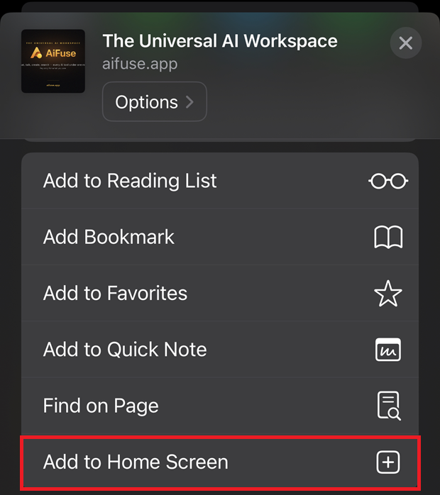 The Safari share menu with the Add to Home Screen row ringed