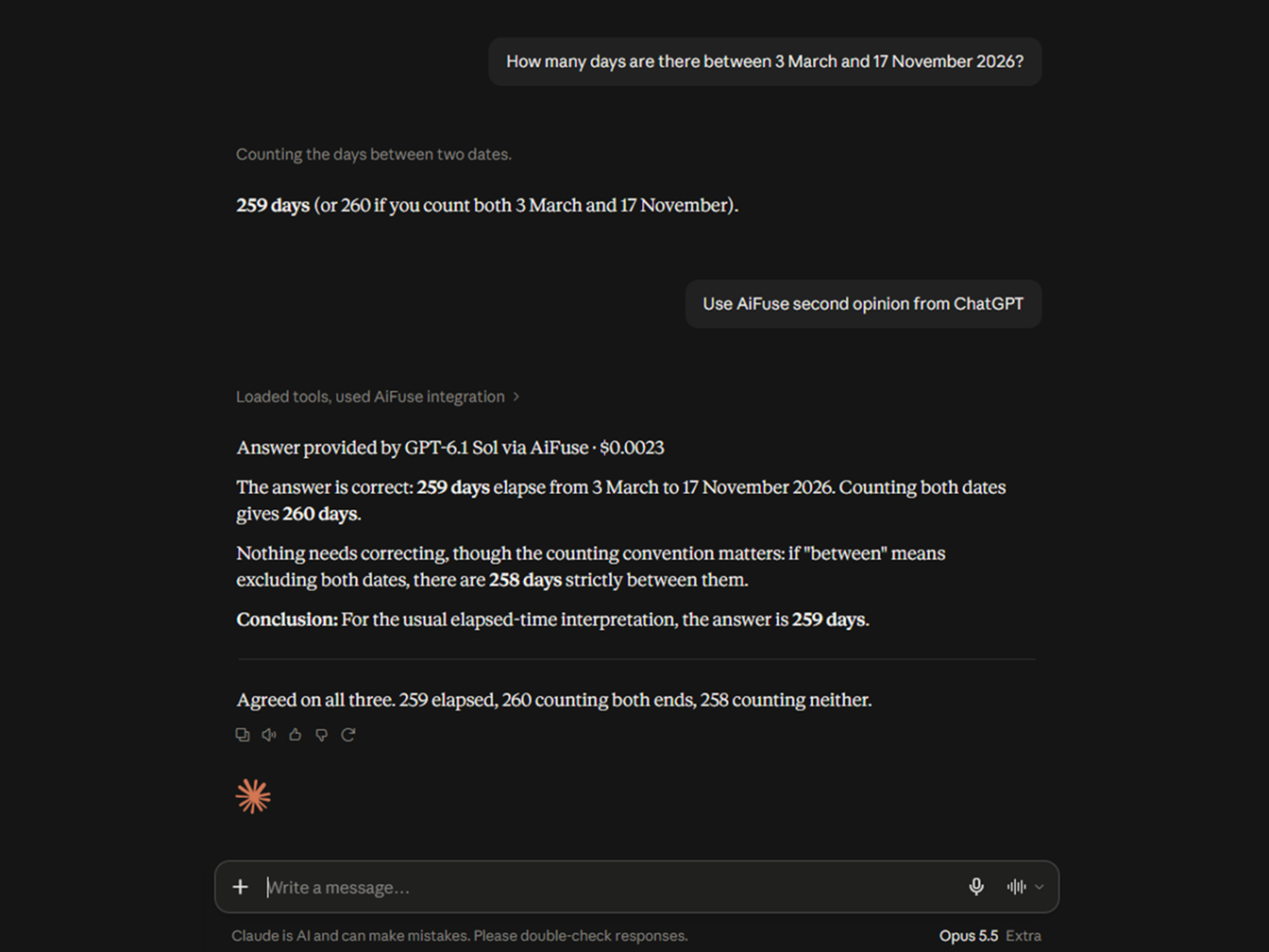 A second opinion inside Claude: after Claude answers a question, the user asks for an AiFuse second opinion from ChatGPT, and the reply names the model and its cost, reviews the answer and gives a conclusion.