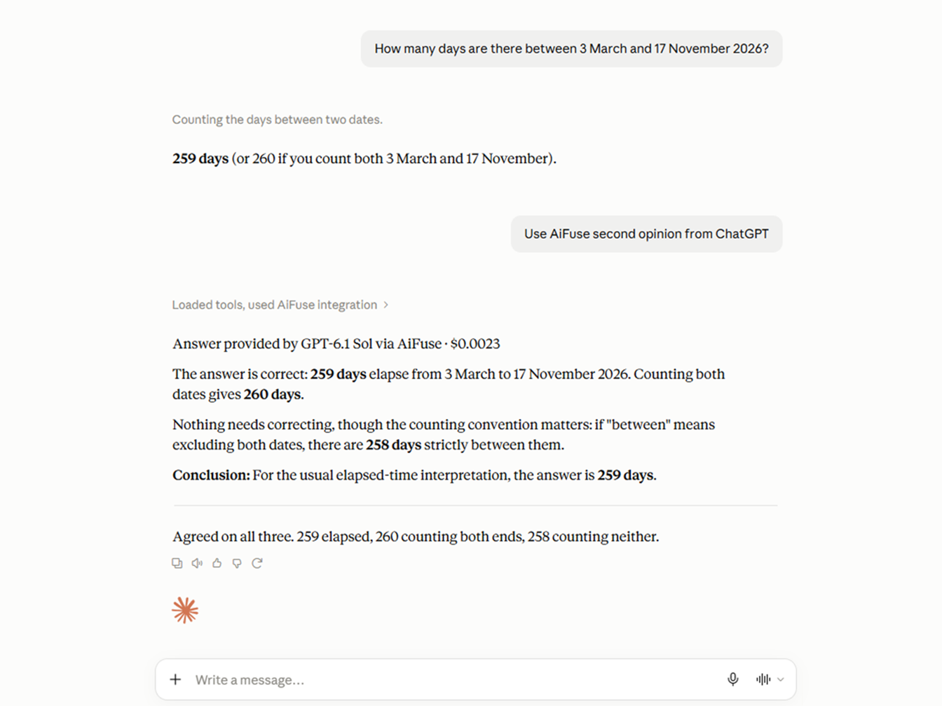 A second opinion inside Claude: after Claude answers a question, the user asks for an AiFuse second opinion from ChatGPT, and the reply names the model and its cost, reviews the answer and gives a conclusion.