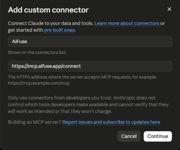 Claude's Add custom connector dialog, with the name set to AiFuse and the address https://mcp.aifuse.app/connect filled in, above the Cancel and Continue buttons.