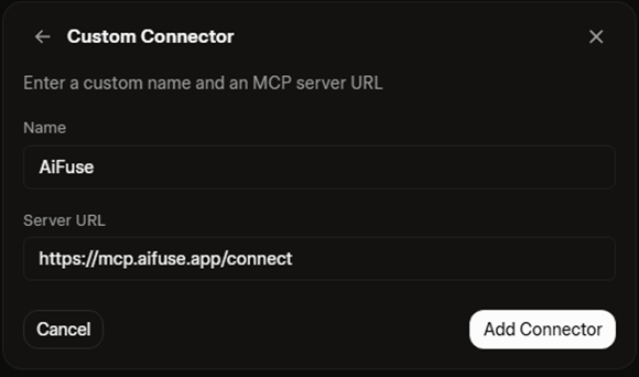 Grok's Custom Connector dialog, with the name set to AiFuse and the server URL https://mcp.aifuse.app/connect filled in, above the Add Connector button.